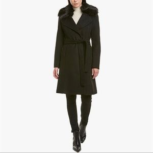 Tahari Wool Wrap Coat with Fur Collar